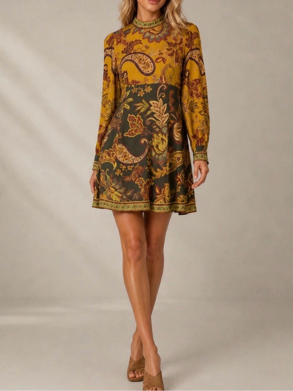 ANTONIO MELANI Mustard Paisley High-Neck Mini Dress size 4 NWT